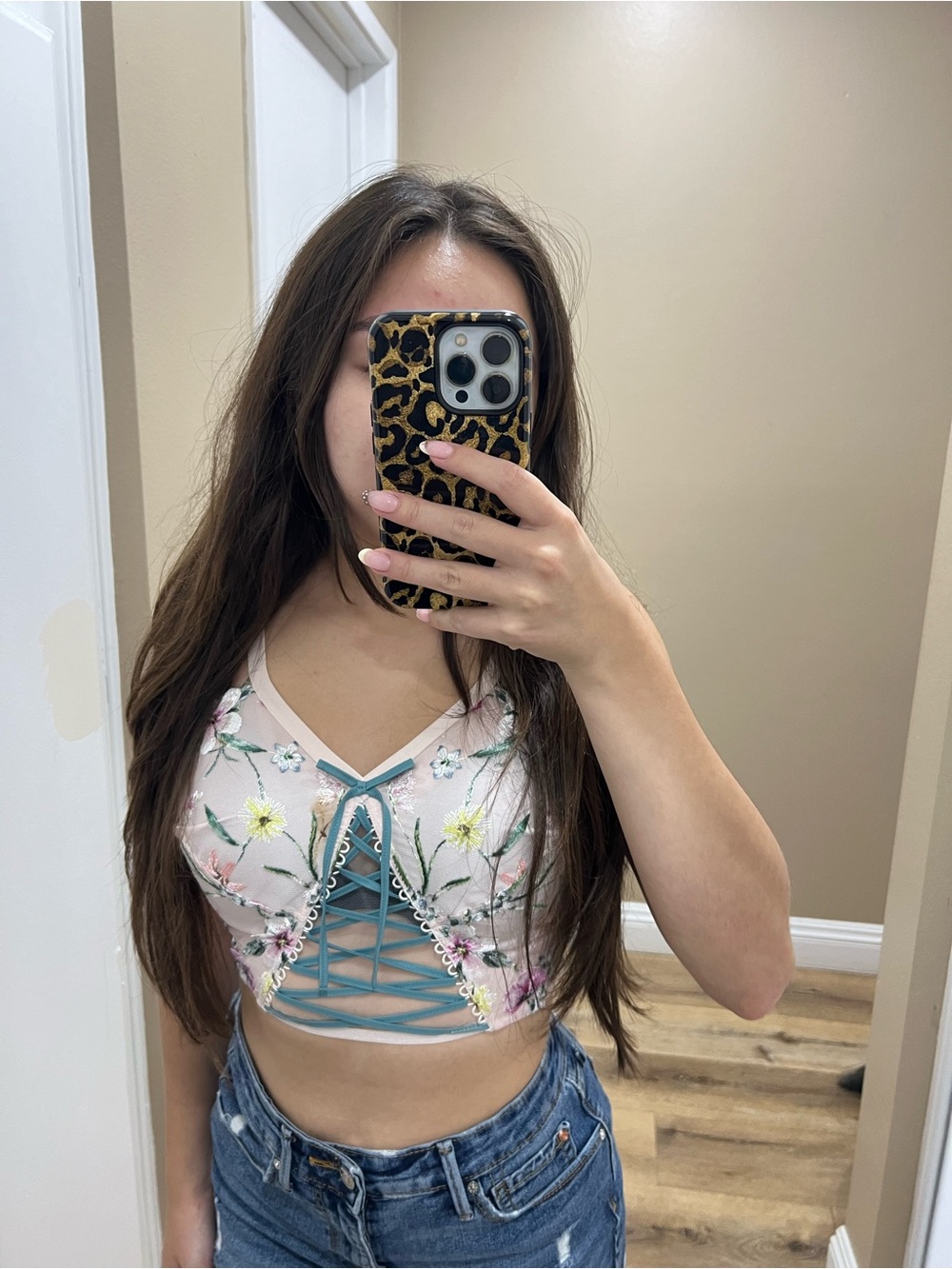 Victoria secret Embroidered Floral Lace-Up Crop Top - Pink